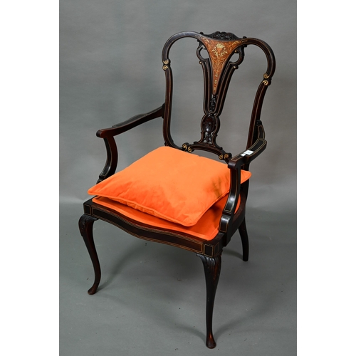 954 - An Edwardian ivorine and boxwood inlaid Sheraton Revival salon open armchair, with later orange fabr... 