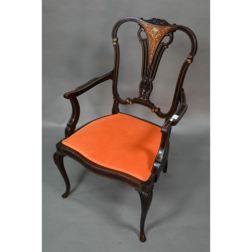 954 - An Edwardian ivorine and boxwood inlaid Sheraton Revival salon open armchair, with later orange fabr... 