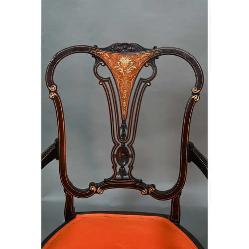 954 - An Edwardian ivorine and boxwood inlaid Sheraton Revival salon open armchair, with later orange fabr... 