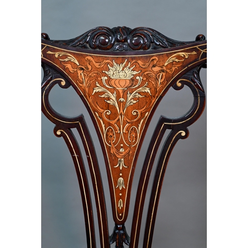 954 - An Edwardian ivorine and boxwood inlaid Sheraton Revival salon open armchair, with later orange fabr... 