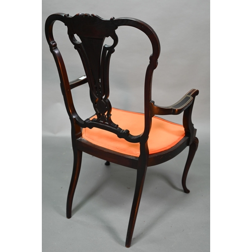 954 - An Edwardian ivorine and boxwood inlaid Sheraton Revival salon open armchair, with later orange fabr... 