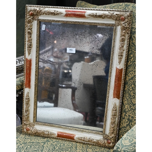 955 - An Italian cream painted and gesso wall mirror, the plate speckled with age, 60 cm h x 46 cm w