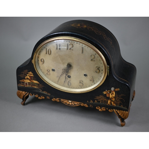 966 - An early 20th century chinoiserie cased black and gilt lacquered mantel clock with continental three... 