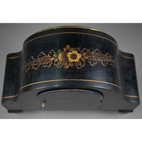 966 - An early 20th century chinoiserie cased black and gilt lacquered mantel clock with continental three... 