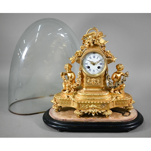 970 - A late 19th century gilt ormolu cherub mounted mantel clock with twin train eight day movement by Ma... 