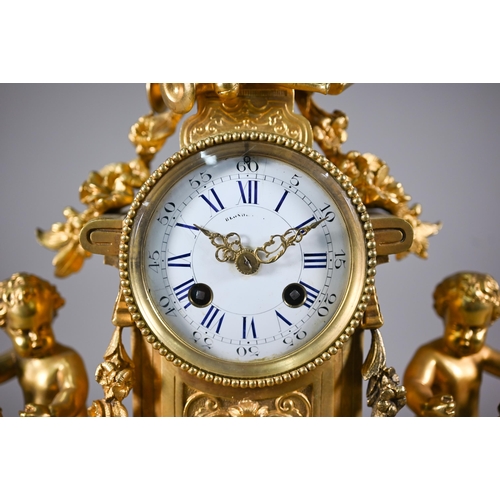 970 - A late 19th century gilt ormolu cherub mounted mantel clock with twin train eight day movement by Ma... 