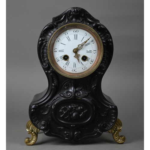 974 - Late 19th century Rococo style French mantel clock, with ebonised case, the twin train eight day mov... 