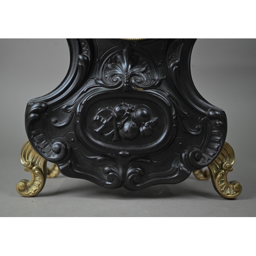 974 - Late 19th century Rococo style French mantel clock, with ebonised case, the twin train eight day mov... 