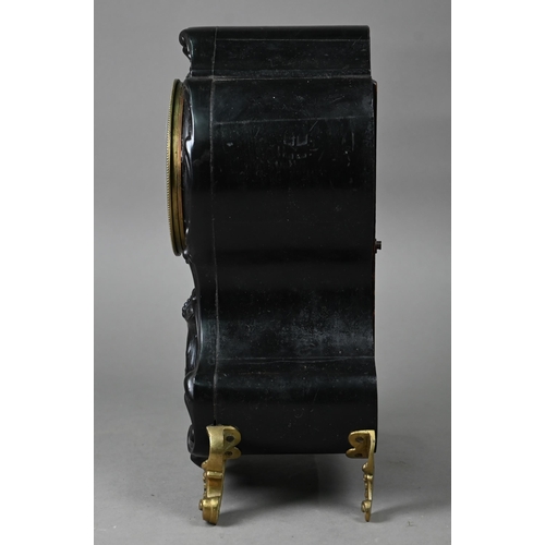 974 - Late 19th century Rococo style French mantel clock, with ebonised case, the twin train eight day mov... 