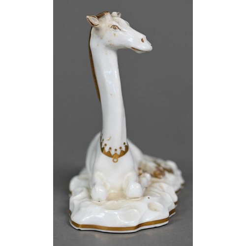 599A - A Victorian china seated giraffe, in the manner of Grainger's Worcester, on naturalistic base, 11.5 ... 