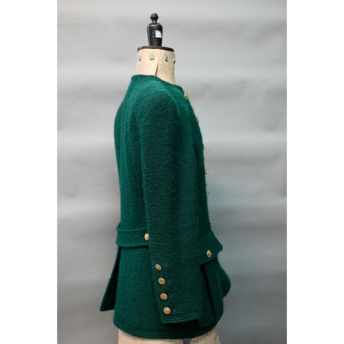 1280 - Chanel Boutique - A green wool jacket, double-breasted and fitted with six rows of double gilt-metal... 