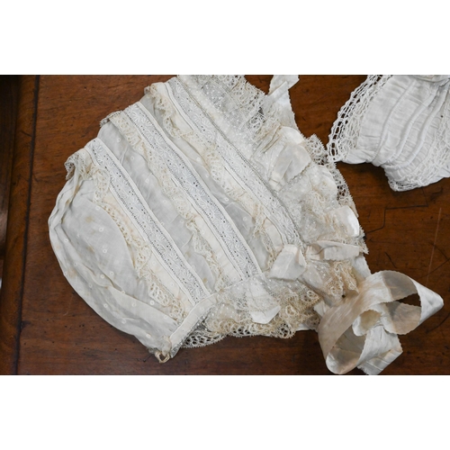 1296 - Approx five antique baby robes, with lace trimmings c/w bonnets