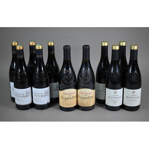 1319 - Twelve bottles of red wine - five bottles of Chateau des Hautes Robes, Vacqueyras, France, 2010; two... 