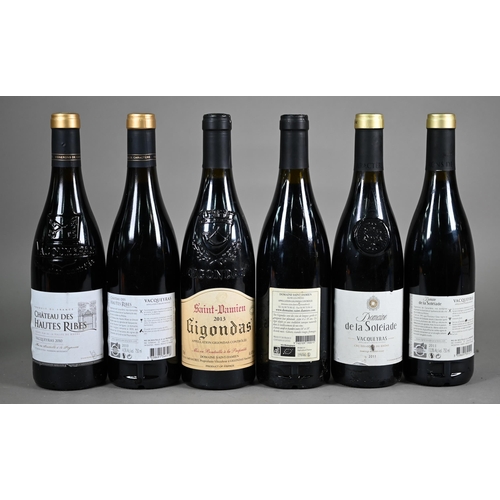 1319 - Twelve bottles of red wine - five bottles of Chateau des Hautes Robes, Vacqueyras, France, 2010; two... 