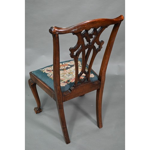 859A - A set of mahogany Chippendale-style dining chairs with ball and claw feet and sabre back legs, with ... 