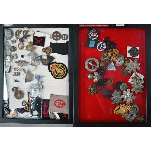 1053 - Eight perspex display cases of British military cap badges, shoulder titles, sweetheart brooches and... 