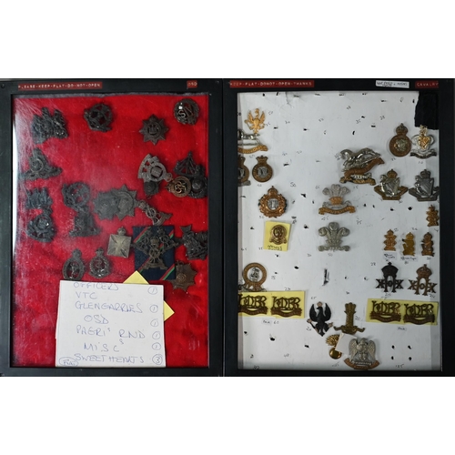 1053 - Eight perspex display cases of British military cap badges, shoulder titles, sweetheart brooches and... 