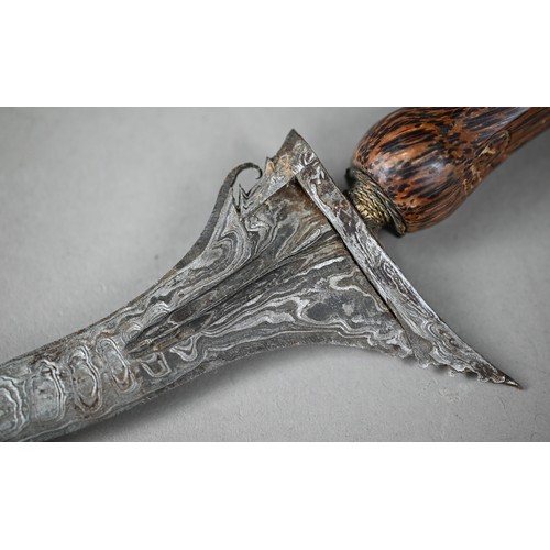 1108 - An Indonesian sword Kris with ornate recurved blade, 34 cm, with carved palm-wood grip and scabbard