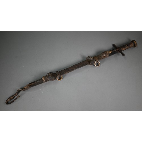 1109 - An African Hausa tribal sword, the 53 cm blade with iron crosspiece guard and hide-bound wooden grip... 