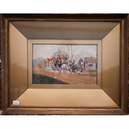 294 - Walter Vernon - A pair of coaching scenes, watercolour with heightening, signed, 14 x 23 cm (2)