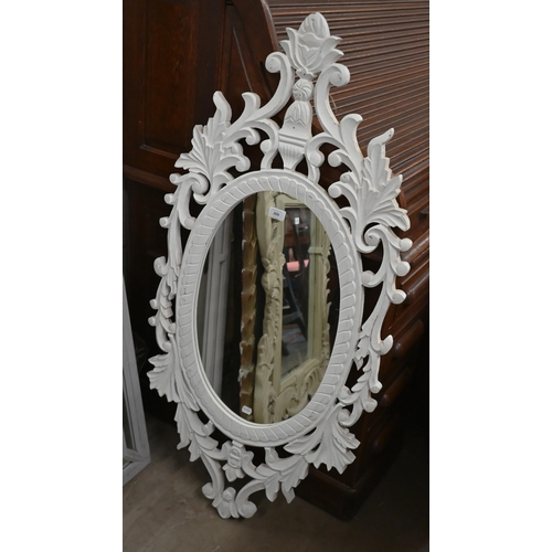 82 - A modern French style oval mirror in painted frame, 60 x 120 cm h to/w Indian style circular mirror ... 