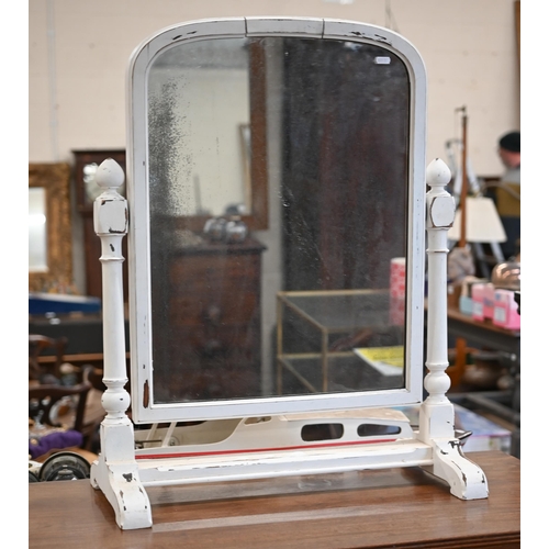 107 - A large arched dressing table mirror in distress-painted off-white frame, 60 cm w x 32 cm d x 78 cm ... 