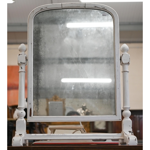 107 - A large arched dressing table mirror in distress-painted off-white frame, 60 cm w x 32 cm d x 78 cm ... 