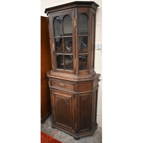 112 - Antique continental part-glazed oak display cabinet/bookcase, 98 x 50 x 205 cm h