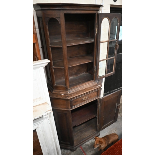 112 - Antique continental part-glazed oak display cabinet/bookcase, 98 x 50 x 205 cm h