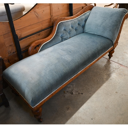 116 - Victorian beech and ash framed scroll end chaise longue, light blue dralon upholstery, turned suppor... 