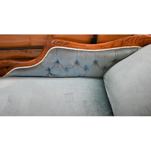 116 - Victorian beech and ash framed scroll end chaise longue, light blue dralon upholstery, turned suppor... 