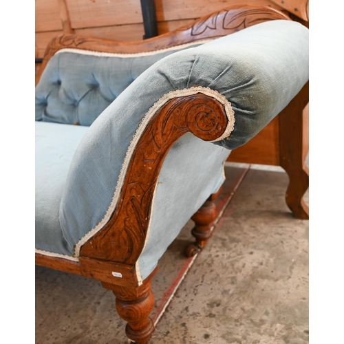 116 - Victorian beech and ash framed scroll end chaise longue, light blue dralon upholstery, turned suppor... 