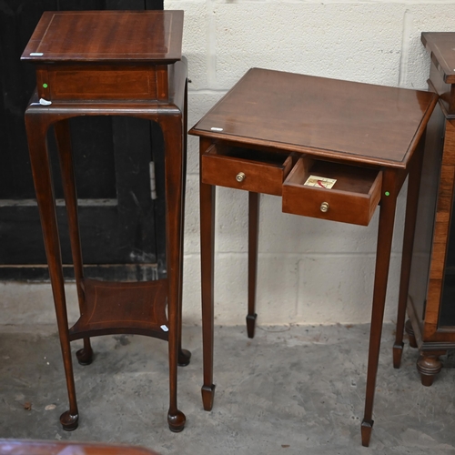 117 - Edwardian walnut inlaid occasional table, 54 x 36 x 68 cm h, to/w small two-drawer hall table, 46 x ... 