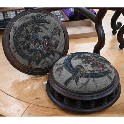 131 - Pair of Victorian spindled mahogany circular gout stools embroidered with beadwork birds and flowers... 