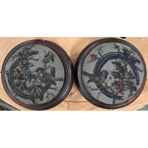 131 - Pair of Victorian spindled mahogany circular gout stools embroidered with beadwork birds and flowers... 