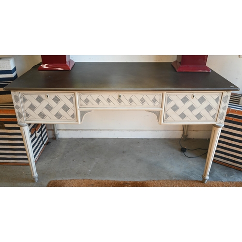 137 - An Oka Cosimo two-tone grey painted writing table with three drawers on turned fluted supports c/w t... 