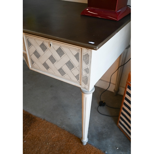 137 - An Oka Cosimo two-tone grey painted writing table with three drawers on turned fluted supports c/w t... 