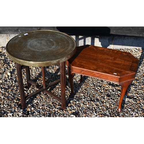 140 - An Eastern Islamic embossed brass tray top table to/w small oak coffee table (2)