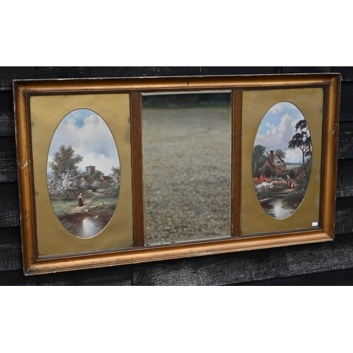 148 - A gilt-framed mirror with oval landscapes to each side of the bevelled glass, 120 x 65 cm