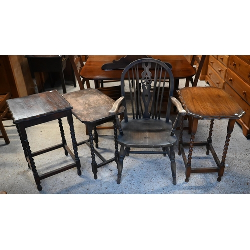 155 - Three barley-twist occasional tables to/w a wheelback carver chair (4)