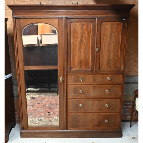 159 - An Edwardian combination wardrobe with mirrored door, smaller cupboard doors and four drawers on pli... 