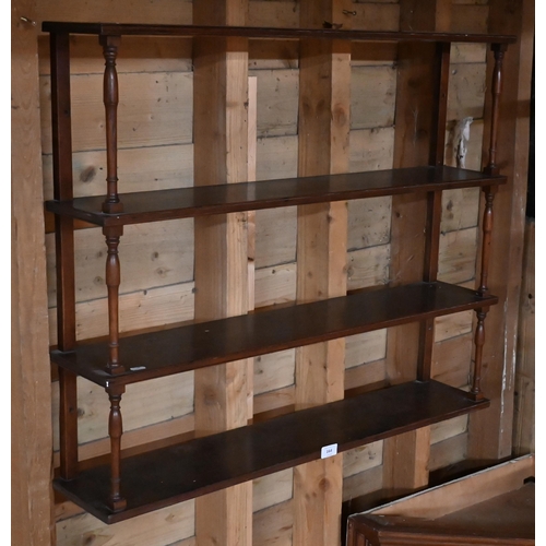 164 - A mahogany four-tier spice rack with slender turned pillars, 90 cm wide x 74 cm high