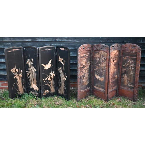 184 - Two small old Japanese silk panelled four panel folding draught screens, both a/f (2)