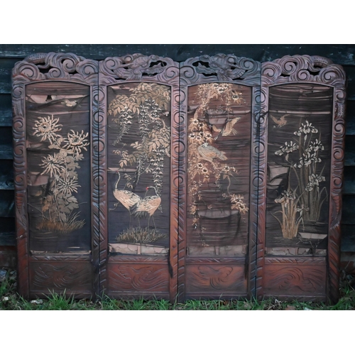 184 - Two small old Japanese silk panelled four panel folding draught screens, both a/f (2)