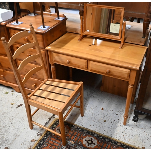 208 - # A pine two drawer side table to/with a pine toilet mirror and single side chair (3)