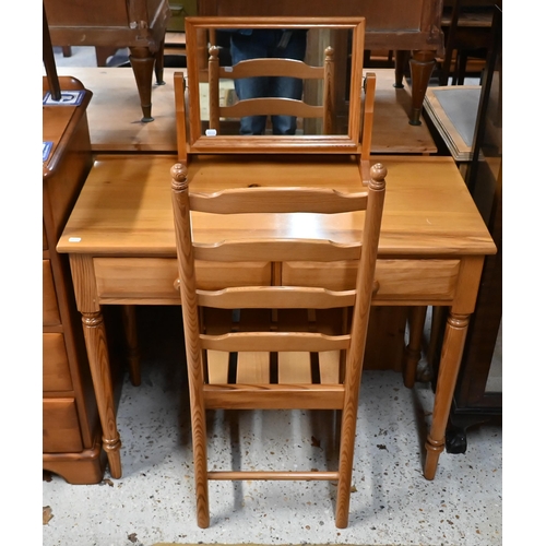 208 - # A pine two drawer side table to/with a pine toilet mirror and single side chair (3)