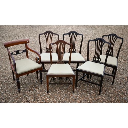 210 - A harlequin set of five Hepplewhite style dining side chairs with sage fabric seat pads, to/with a G... 