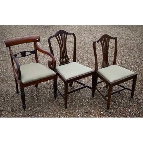 210 - A harlequin set of five Hepplewhite style dining side chairs with sage fabric seat pads, to/with a G... 