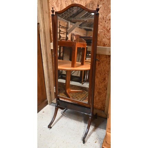 219 - An old red walnut framed cheval mirror, the plate displaying ageing and to/with a carved Japanese ha... 