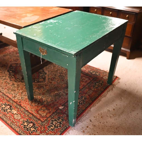 225 - A rustic old green painted pine table, drawer to one end